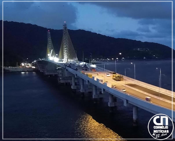 Ponte no litoral ganha iluminação e testes revelam como será o visual à noite