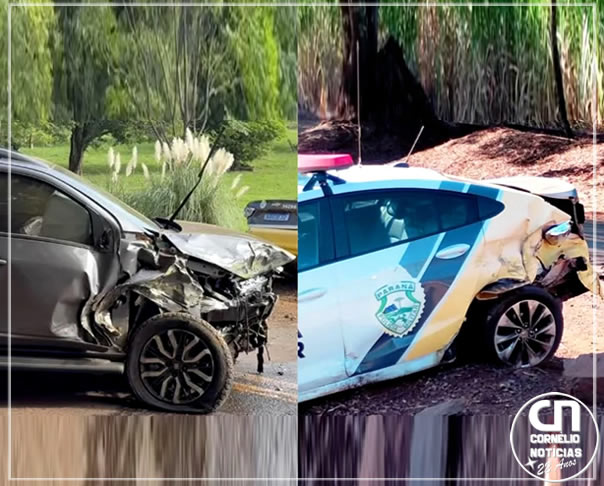 Carro fica destruído em colisão com em viatura da PM em Bandeirantes