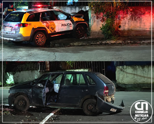Viatura da PM colide com carro e derruba parte de muro durante ação policial