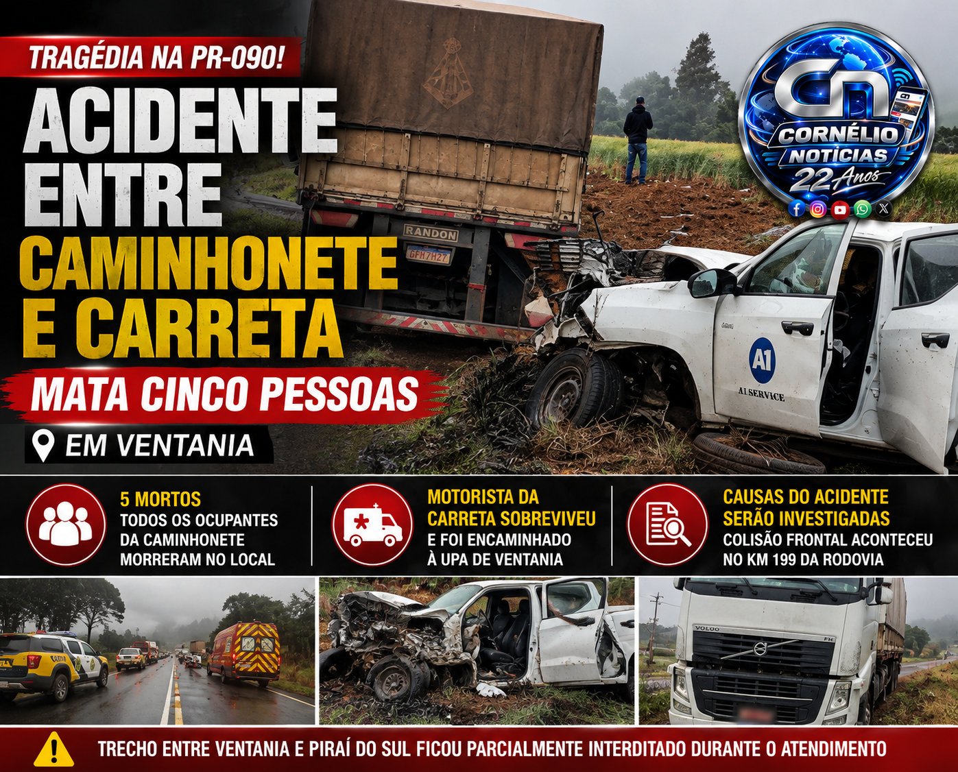 Cinco pessoas morrem na PR-090, em Ventania, nos Campos Gerais
