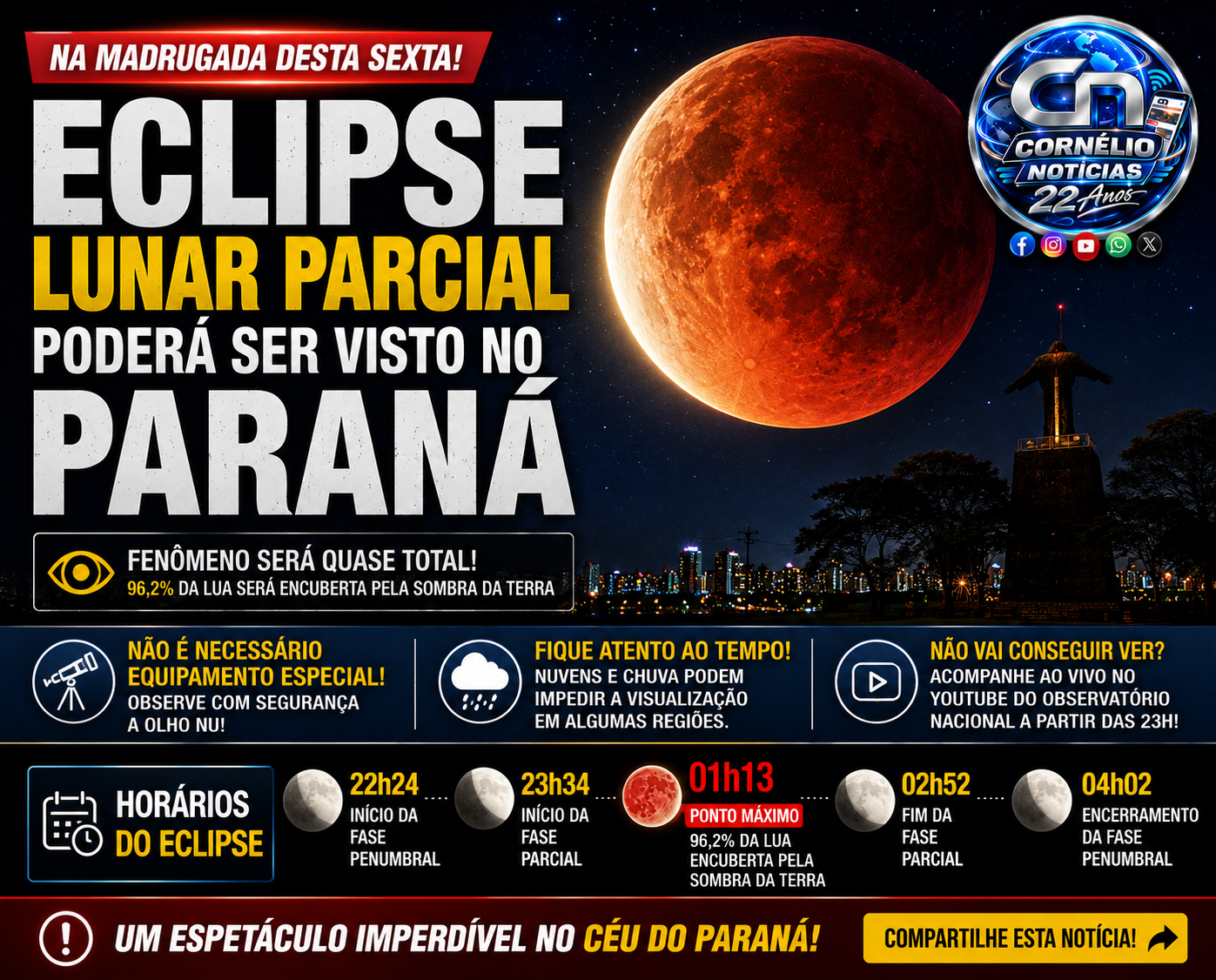 Eclipse lunar parcial hoje será visível no Estado e avançará pela madrugada