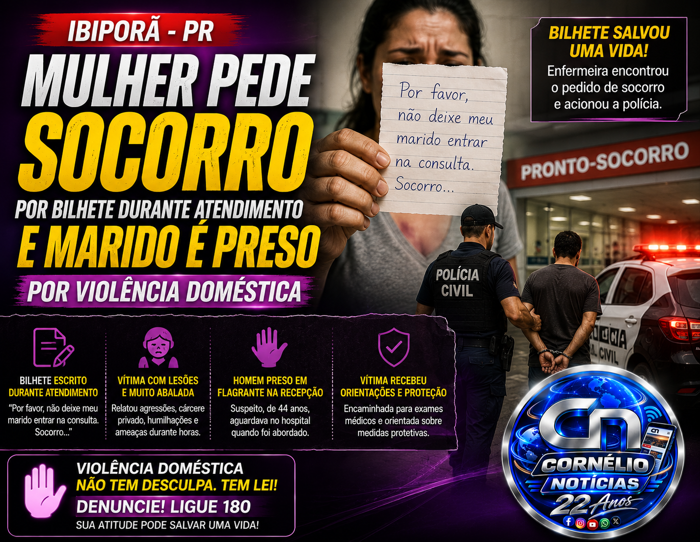Mulher pede socorro por bilhete durante atendimento em hospital