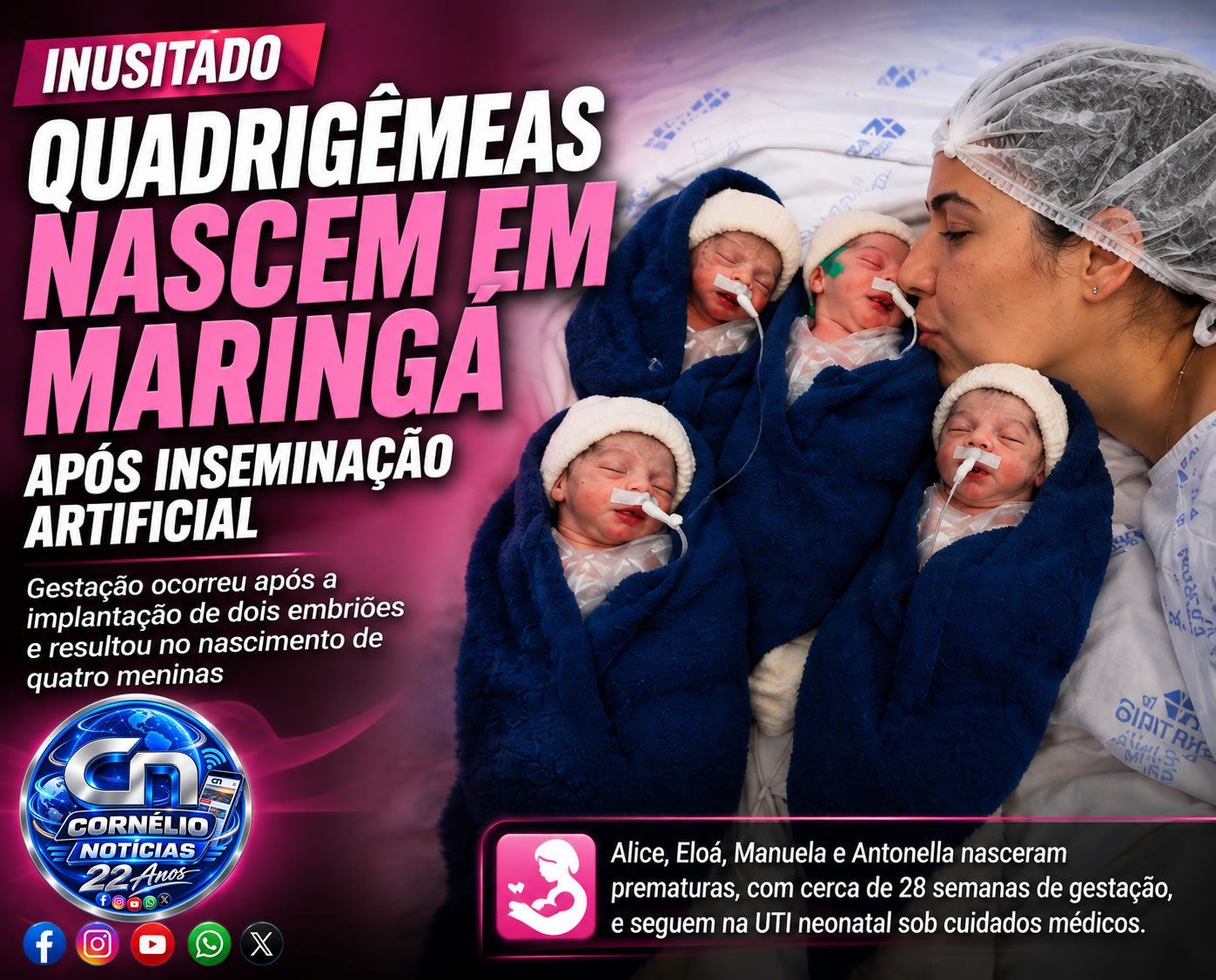 Quadrigêmeas nascem em Maringá após inseminação artificial
