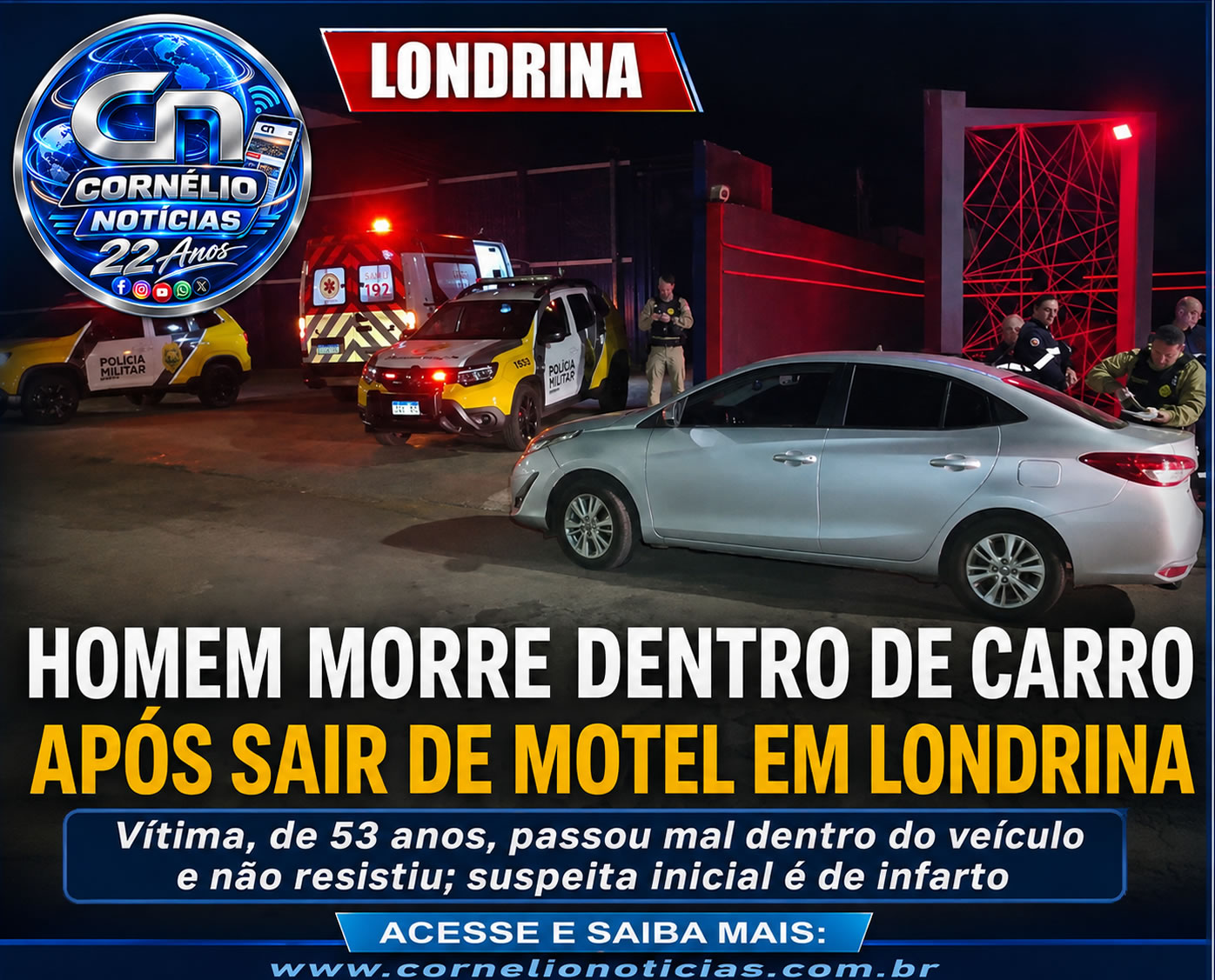 Homem passa mal após sair de motel e morre dentro de carro