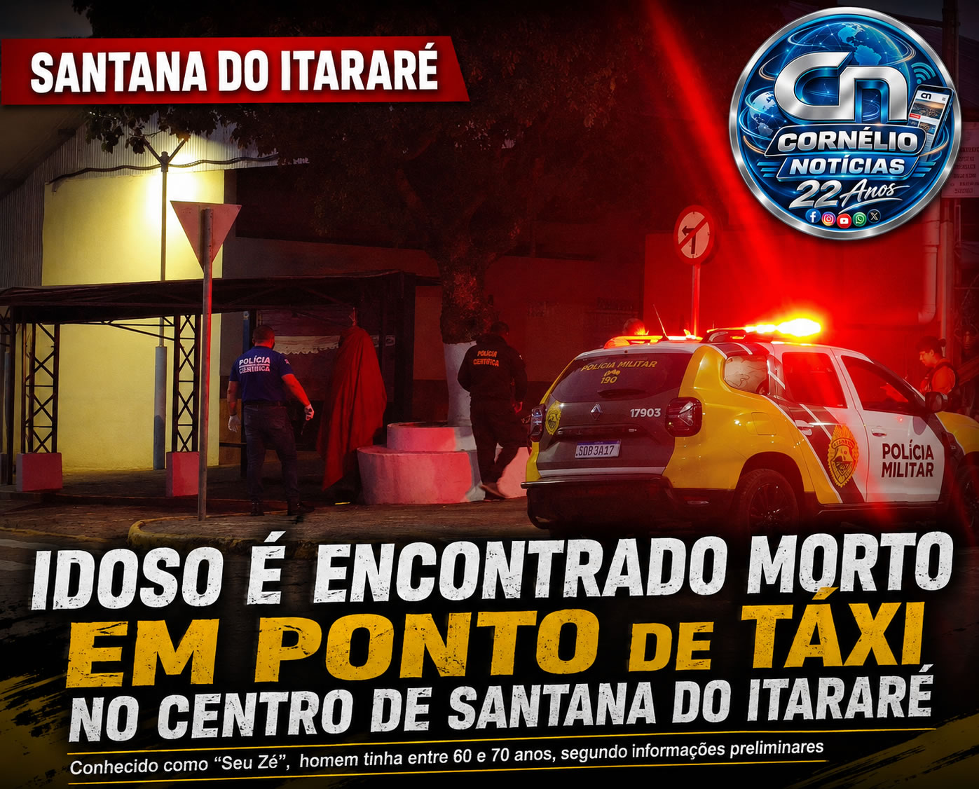 Entregador encontra idoso enforcado em ponto de táxi