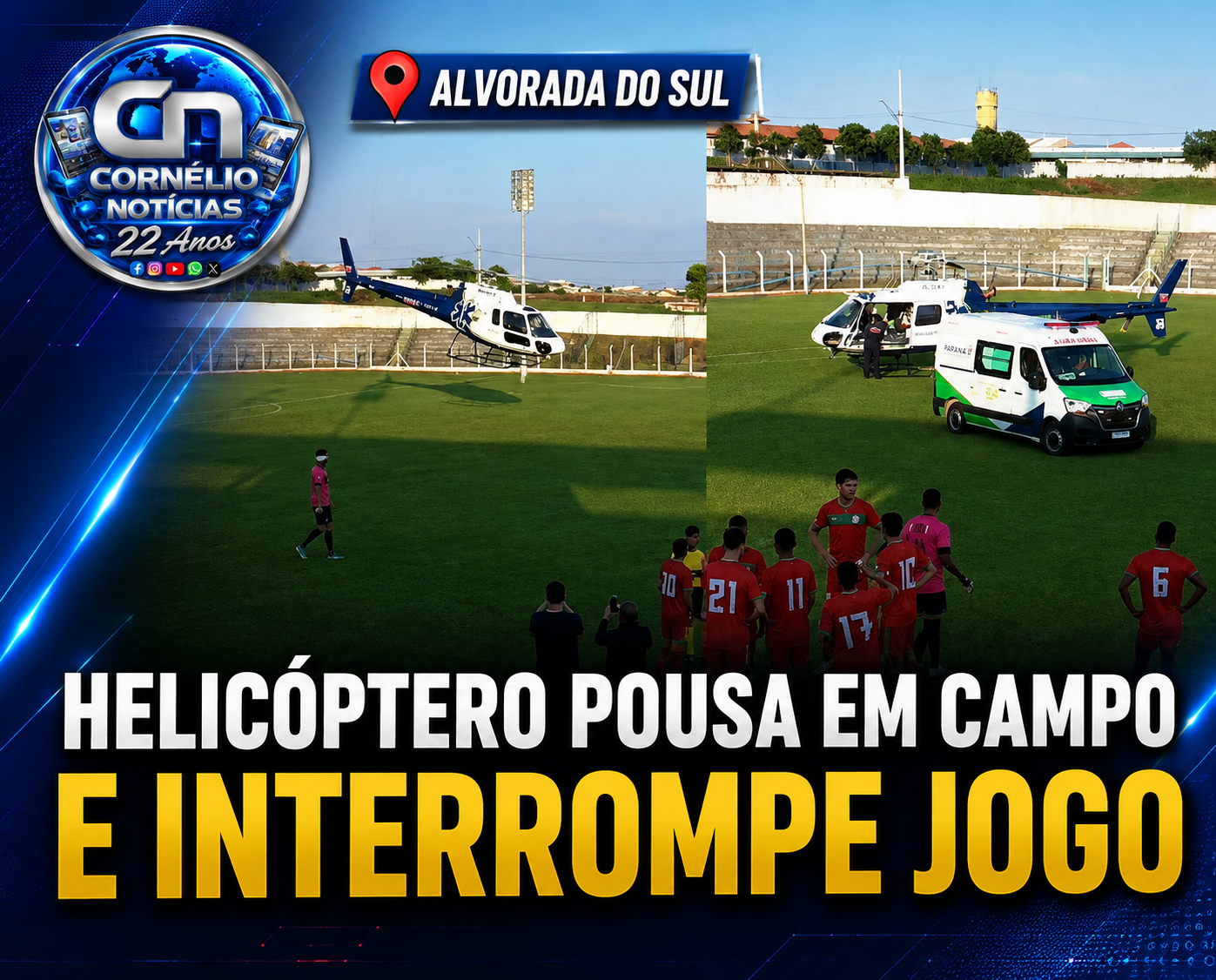 Helicóptero pousa em campo e interrompe jogo de futebol no Paraná