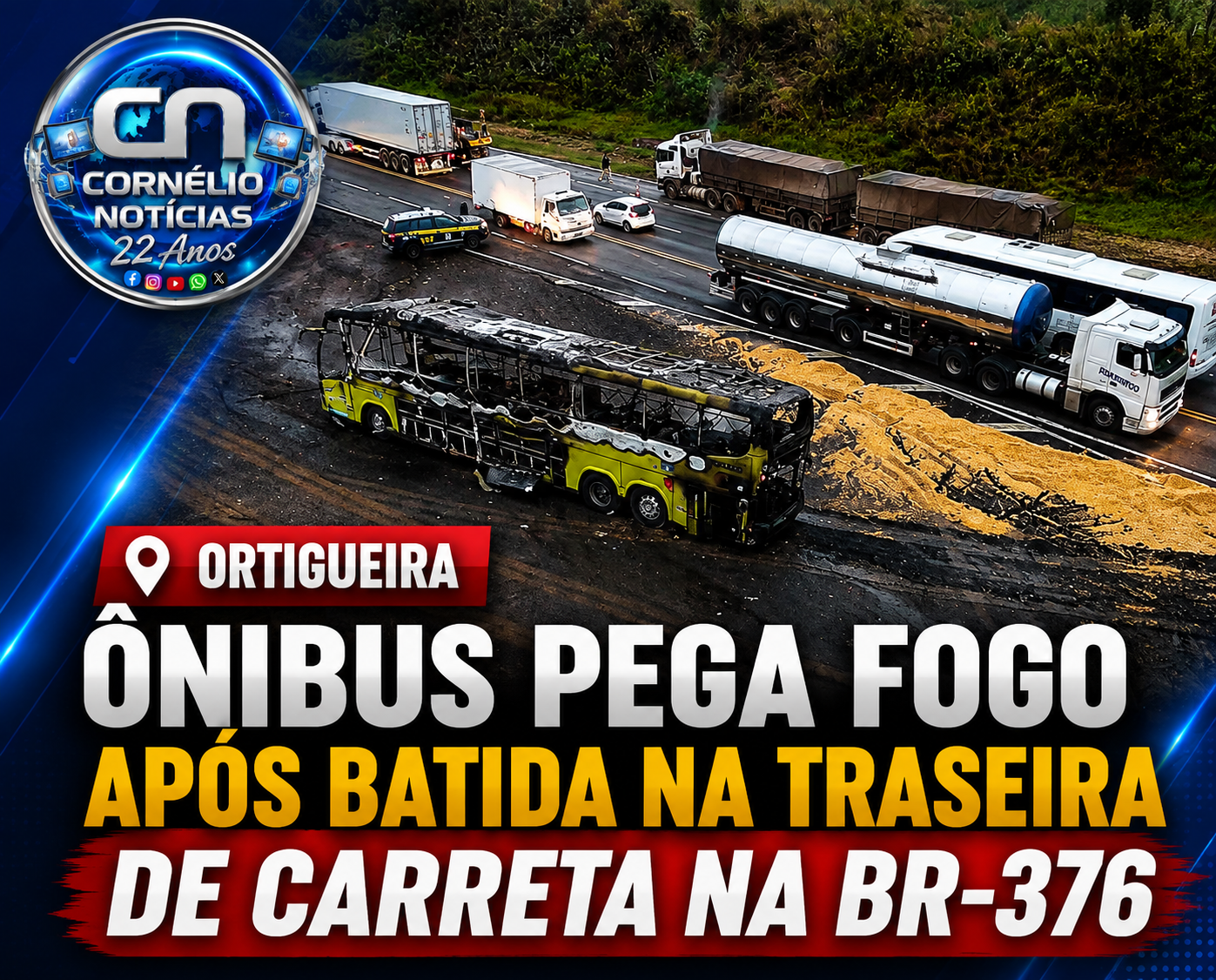 Ônibus pega fogo após bater na traseira de carreta na BR-376, no Paraná