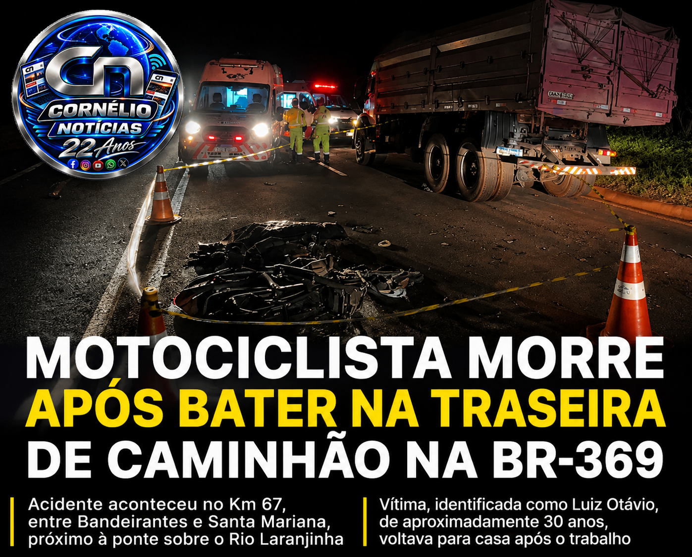 Motociclista morre colisão com caminhão entre Bandeirantes e Santa Mariana