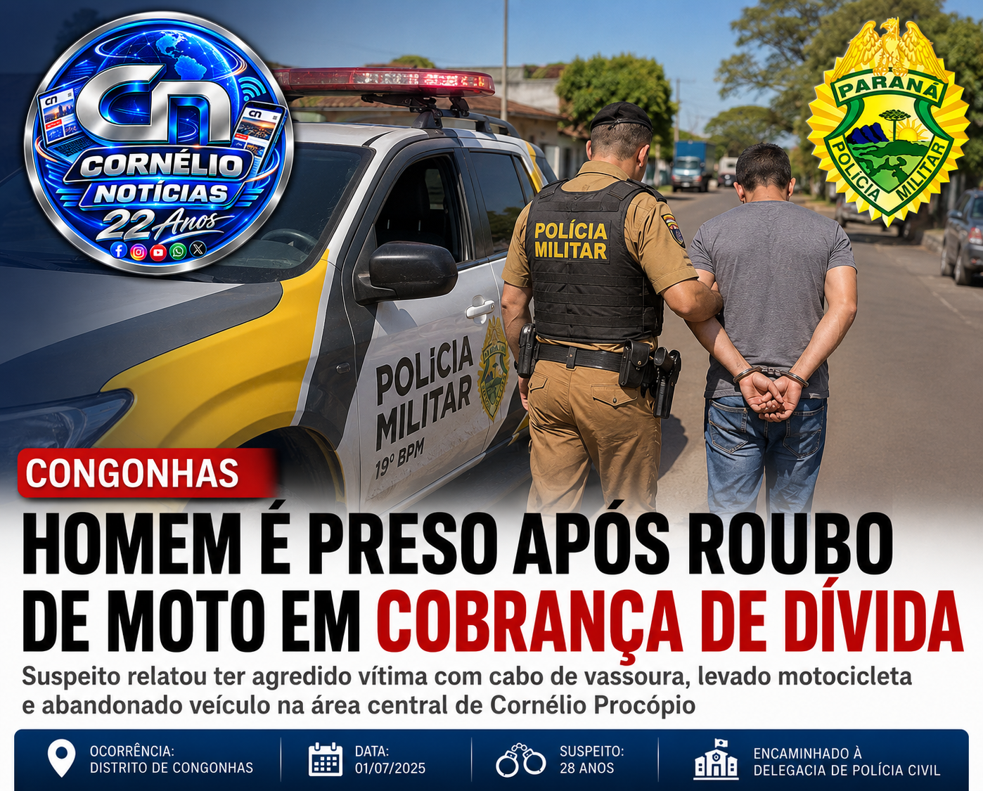 Homem é preso após roubar motocicleta durante cobrança de dívida no Distrito de Congonhas