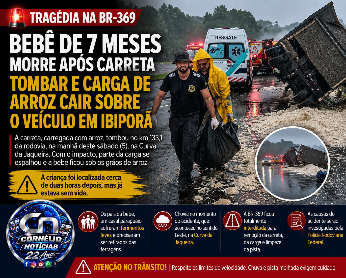 Bebê morre após carreta tombar e carga cair sobre veículo na BR-369