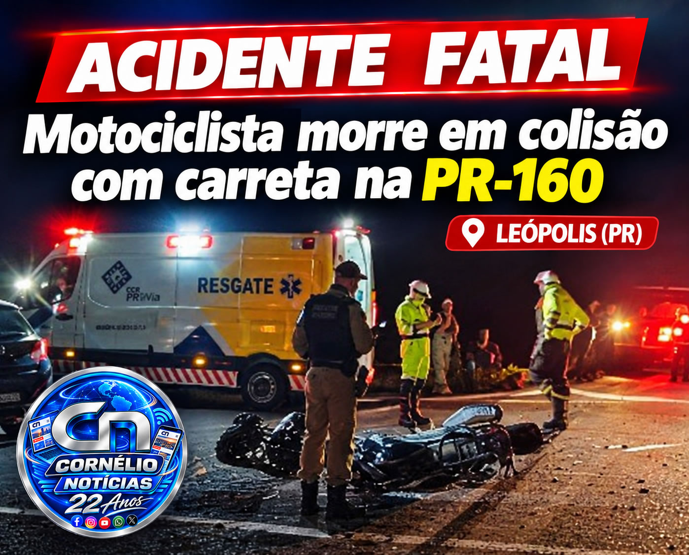 Motociclista morre em colisão com carreta na PR-160