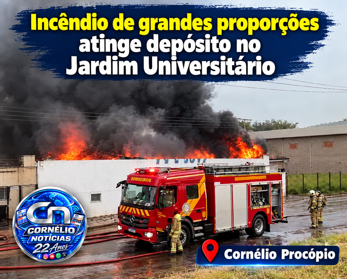 Incêndio de grandes proporções atinge depósito no Jardim Universitário