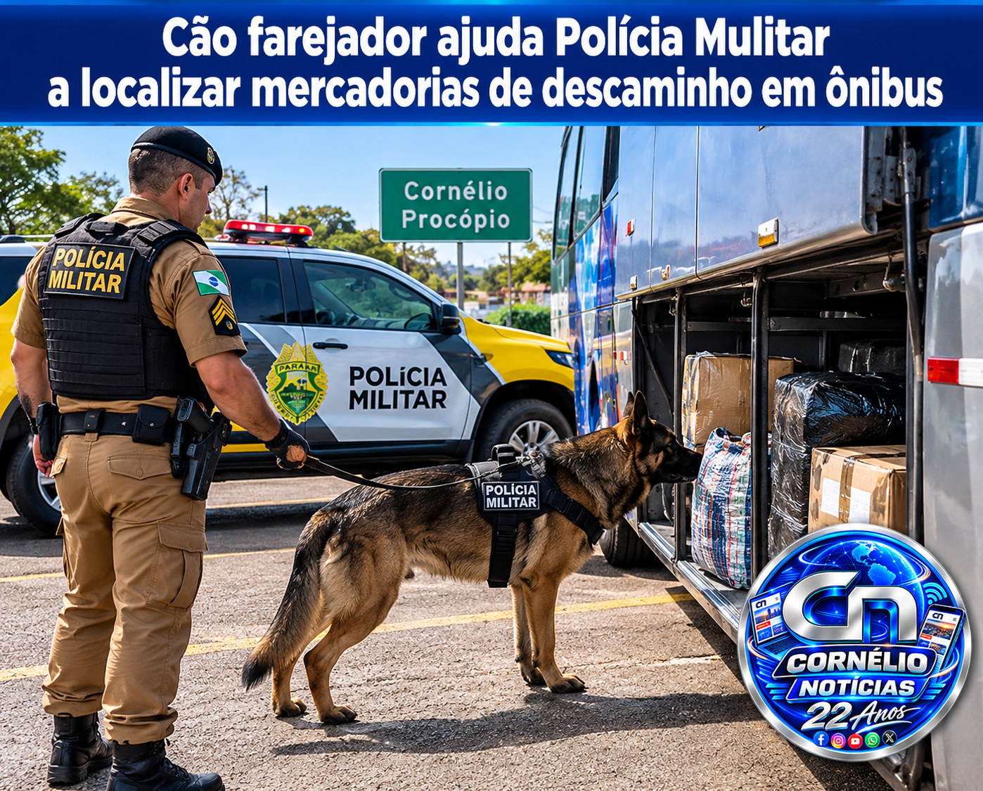 Cão farejador ajuda PM a localizar mercadorias de descaminho em ônibus