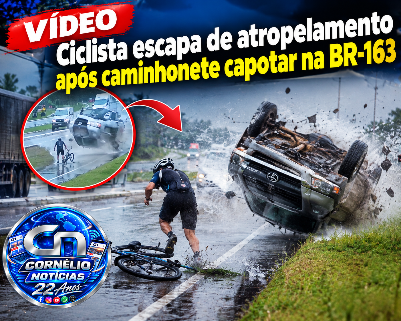 Ciclista escapa de atropelamento após caminhonete capotar na BR-163
