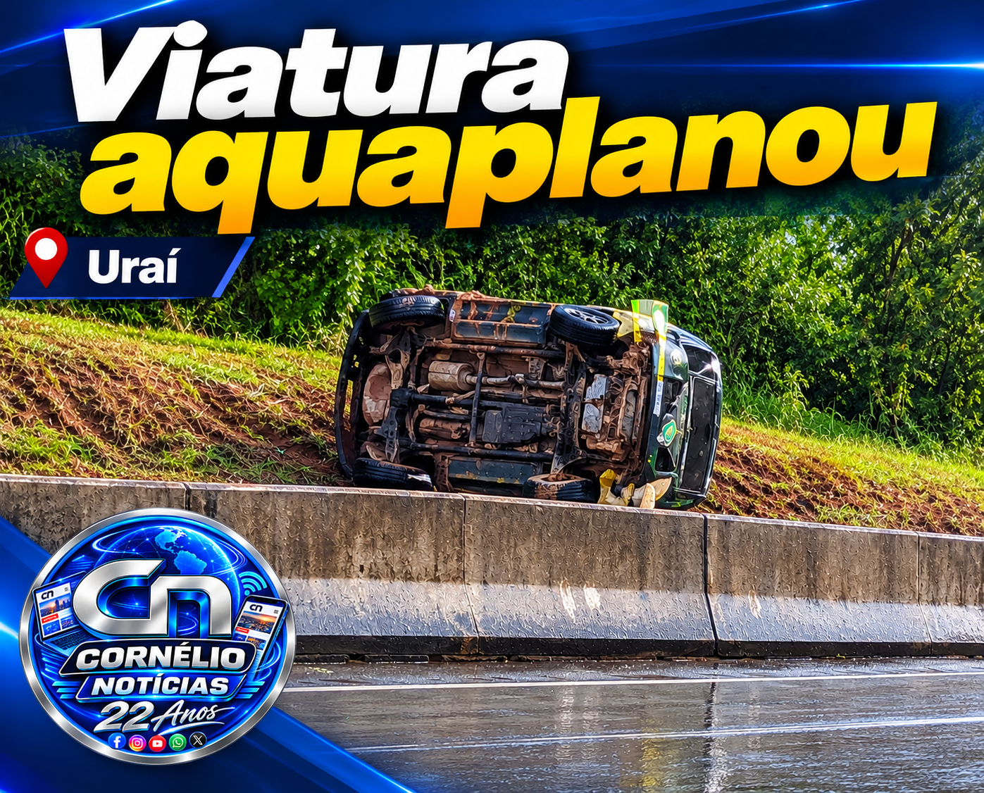 Viatura da Polícia Militar Ambiental capota na BR-369, perto de Uraí